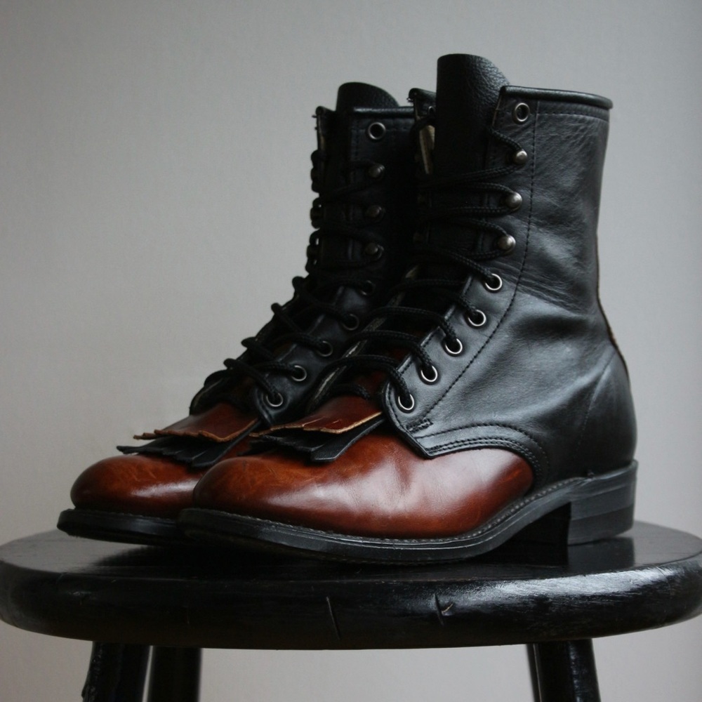 1980's Two Tone Leather Lace-Up Fringe Boot